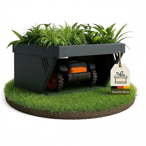novaterra® Garage für Mähroboter aus Metall - B 60 × T 70 × H 39,6 cm - Premium Rasenroboter Garage mit abgeschrägtem, bepflanzbarem Dach - kompatibel mit gängigen Mähroboter Modellen