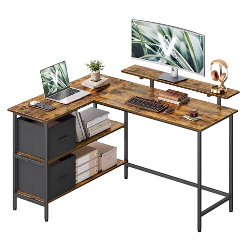 VASAGLE Bureau d'Ordinateur en Forme de L, Bureau d'angle, 2 Tiroirs Spacieux, Support de Moniteur, Étagère Réglable, Marron Rustique LWD098B01