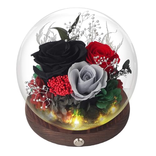 SUOSIHUALI Real Preserved Flowers in Glass Dome with Light, Black Forever Rose Globe with Gift Box, Birthday Gifts for Women, Mom, Wife, Girlfriend, Home Decor, Flowers for Delivery Prime