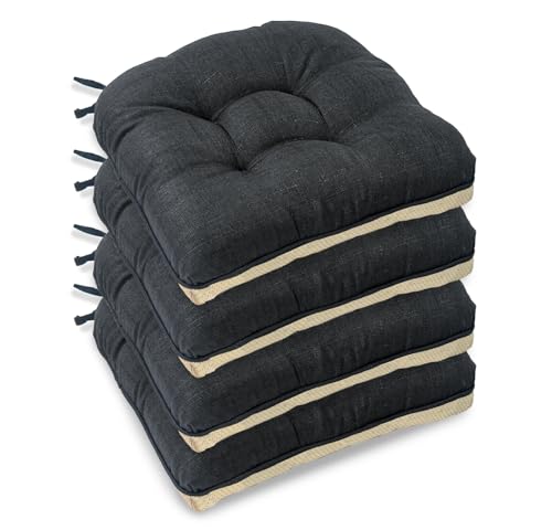 Casabella Chair pads - Dining Chairs Cushion - 4 Pc Cushions 45x45+8cm Non Slip Backing Chairpads - Tufted Seat pads With Ties - Durable & Soft Cushions for Kitchen, Garden - Black