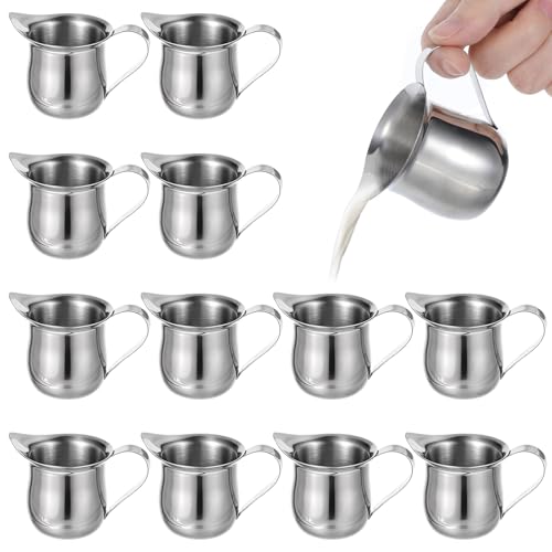 Molain 3 oz Small Creamer Pitcher, Stainless Steel Creamer Dispenser Mini Pitcher Cup with Pouring Spout for Cream, Milk, Coffee, Salad Dressing, Maple Syrup and Sauces, Pack of 12