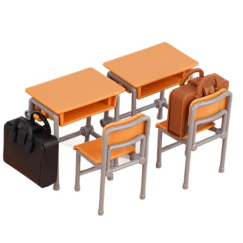 KARLOR Juego de 6 miniaturas para aula, 2 mesas, 2 sillas, 2 mochilas, miniatura, decoración escolar, miniatura, accesorios escolares, accesorios escolares, manualidades