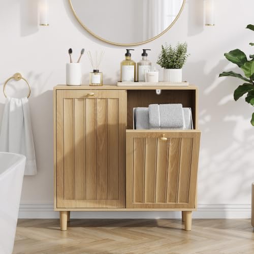 Eichenfarbener Badezimmer-Wäscheschrank mit herausnehmbarem Wäschekorb, platzsparender freistehender Haushaltsaufbewahrungsschrank