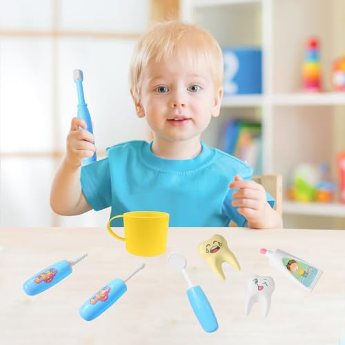 8 Pieces Cartoon Dental Pretend Dentist Play Set - Cute Teeth Models with Toothbrushes, Dental Tools Kit, Toothpaste, and Cup for Toothbrushing Trainer, Teeth Development Tool for Toddler Kids (Blue) - Thumbnail 7