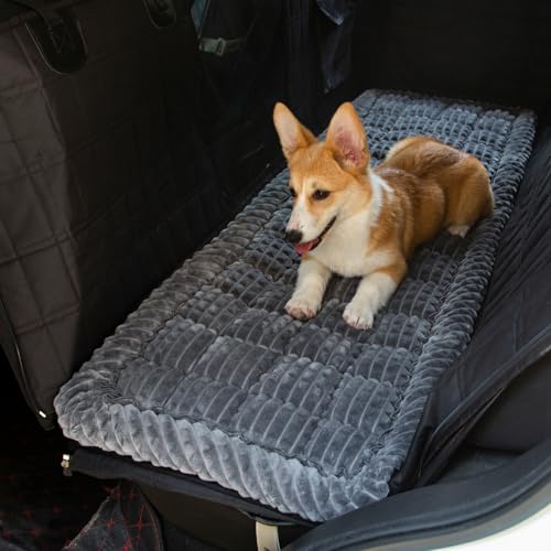 Dog Bed for Car, Pet Travel Backseat Mat for Vehicle SUV Truck Jeep Automobile, Large Washable Foldable Non-Slip Fuzzy Soft Comfortable Cozy Extender Protector Cover Pad, Grey, 24.8x54 in