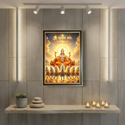 Image of ARTFUL TOY BOX - Surya Dev with Seven (7) Horses & Om Suryaya Namah Mantra Photo Frame Wall Hanging | Divine Solar Chariot Design | Spiritual Surya Dev Painting | Premium Golden Black Fiber Frame | Glossy Finish Devotional Home Decor - 12x18 Inch (30x45 cm) (Design 5)
