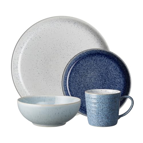 Denby - Studio Blue Dinner Set for 4-16 Piece Ceramic Tableware Set Blue, White Colour - Dishwasher Microwave Safe Crockery - Includes 4 x Dinner Plates, Small Plates, Cereal Bowls, Coffee Mugs