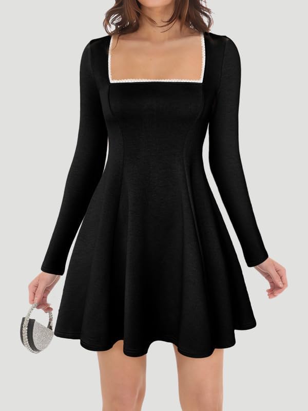 ADEWEL Women's Square Neck Ruffle Hem Mini Dress Long Sleeve A Line Pleated Dress for Women Corset Short Party Dresses - Image 3