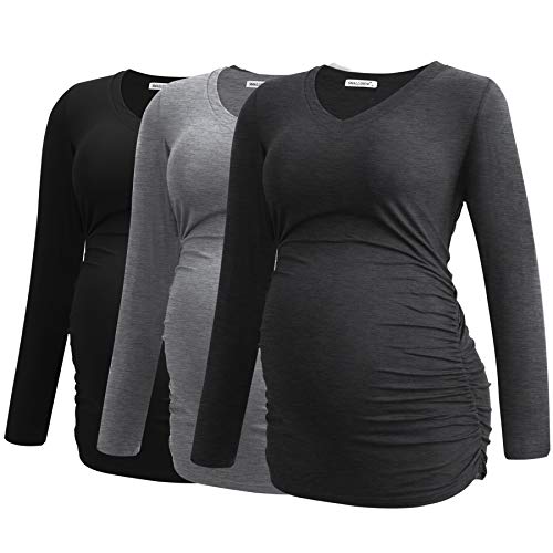 Smallshow Womens V-Neck Maternity Shirt Clothes Long Sleeve Ruched Pregnancy Top Medium Black-Deep Grey-Light Grey