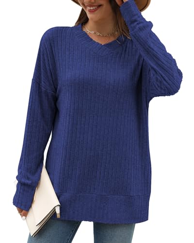 Sweater for Women Top Oversized Fashion Sweater Soft Striped V Neck Long Sleeve Pullover Sweatshirt