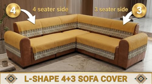 Image of KINGLY L-Shape Sofa Cover 7 Seater 4+3 Velvet Full Cover - Mustard Yellow | Fully covered quilted velvet slipcover, washable anti-slip furniture protector, L-type corner sofa cover for living room