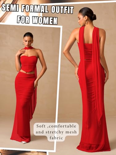 Mesh Floor-Length Skirt-Set, Corset Tube-Top with Scarf, Semi-Formal Wedding-Guest, Strapless Bodycon Ruched Long3