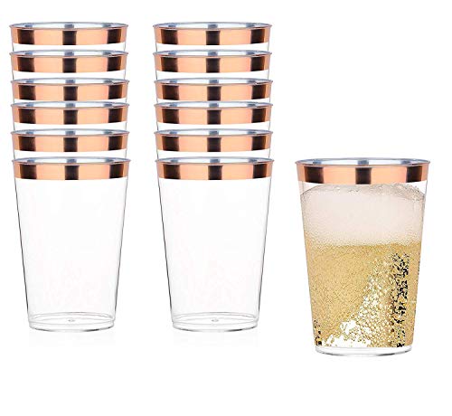 OUGOLD 50 Rose Gold Plastic Cups | 12 oz. 50 Pack | Hard Clear Plastic Cups | Disposable Party Cups | Fancy Wedding Tumblers | Elegant Decoration Cups | Plastic Tumblers Bulk