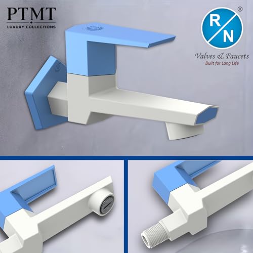 Image of RN PTMT Long Body Bib Cock for Bathroom | 15mm Long Body Foam Flow Water Tap with Flange | Luxury G20 Collection Faucet | High-Grade Engineering Polymer Tap (White Blue Dual, Pack of 4)