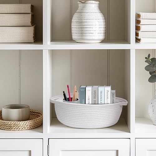 Image of Small Baskets for Gifts Empty, 13 inchx 9 inchx 5 inch Woven Gift Basket with Bag and Ribbon, Cotton Rope Kids Dog Cat Toy Bin Box, Cute Baby Nursery Organizer, Decorative Storage with Handles (White)