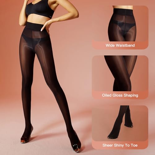 Yilanmy 2 Pairs Shiny Pantyhose for Women, 15D Shimmer Sheer Tights High Waist Silky Oil Glossy Pantyhose4