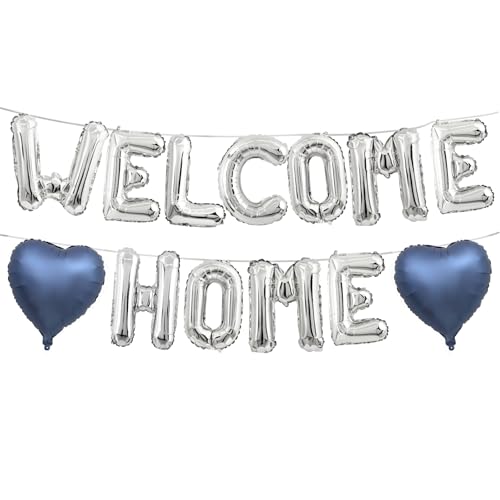 Welcome Home Balloons Navy Blue Silver 16Inch Welcome Home Foil Balloons Banner with 18Inch Heart Balloon Welcome Home Party Decorations for Homecoming Party House Warming Family Party Decorations