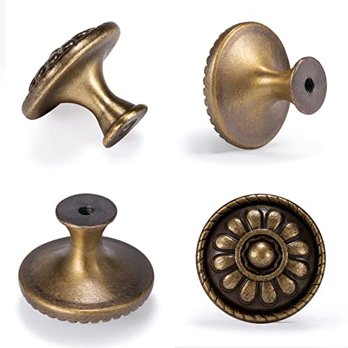 Fecraf 10 Pack Antique Brass Cabinet Knobs, Vintage Retro Drawer Knobs, Solid Round Dresser Knobs for Nightstands Single Hole Cabinet Hardware, Diameter 1.18in