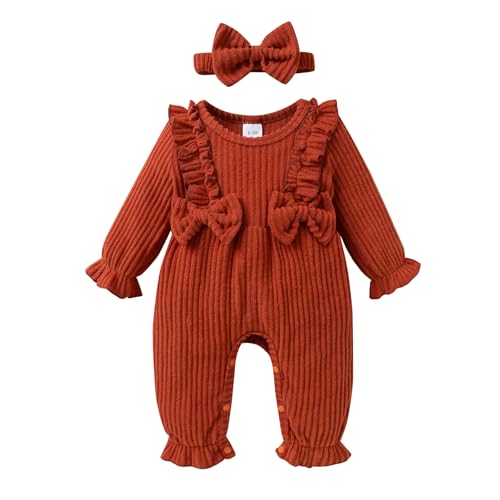 Image of YOUNGER TREE Baby Girl Romper Fall Winter Long Sleeve Newborn Bodysuit with Headband Infant Jumpsuit Clothes (Solid Brown, 0-3 months)