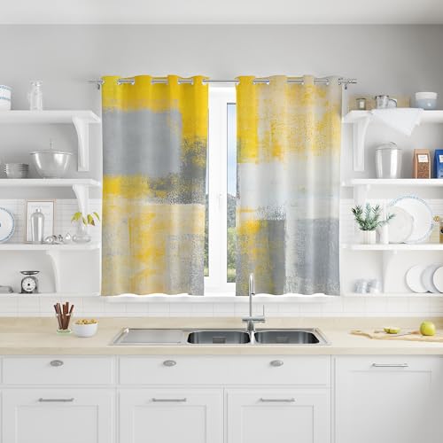 Image of Yellow Window Curtain Yellow Grey Abstract Thermal Insulating Drapes Rust Art Treatment Drapes Modern Curtains for Living Room Bedroom Hotel, 26 inch x 36 inch, 2 Panels