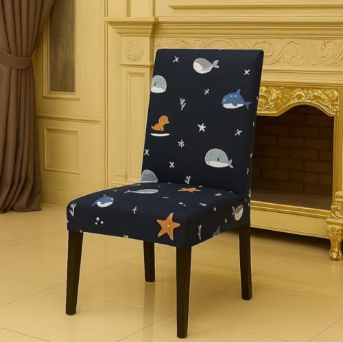 Image of Homerz Premium 6 Seater Dining Table Cloth with 6 Dining Chair Covers,Elastic Fitted Chair Slipcovers, Printed Polycotton Fabric, Table Cloth Size 60x90 inch (Aquadrome)