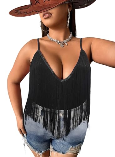 Plus Size Cowgirl Fringe Tops for Women - Western Country Concert Outfit Festival Tank Tassel Boho Rodeo Cami Shirt