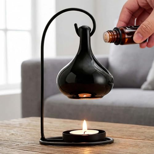 Brûleur Huile Essentielle en Métal et Céramique, Chauffe Parfum pour Décoration Maison, Diffuseur d'Arômes pour Huiles Essentielles, Bougeoir Design pour Salon et Bureau, Noir – vue 4