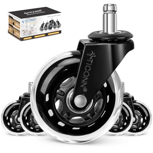 Image of TICONN Office Chair Caster Wheels Set of 5 for Tile, Hardwood Floors and Carpets, Universal Fit for Most Chairs (Transparent)