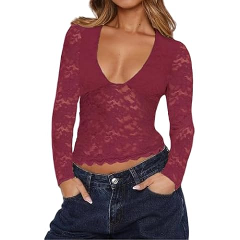 Women Lace Floral Crop Top Long Sleeve Sheer See Through Deep V Neck Tee Shirt Y2k Sexy Going Out Tops (US, Alpha, Medium, Regular, Regular, Red) Cover