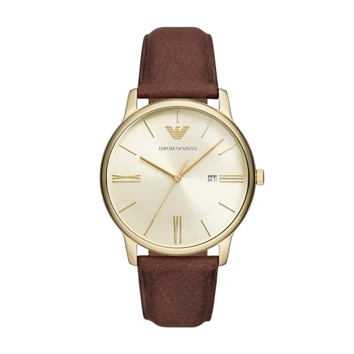 Image of Emporio Armani Leather Analog Beige Dial Men's Watch-Ar11610, Band Color-Brown