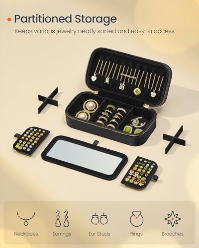 Image of SONGMICS HOME Travel Jewelry Case with Mirror, Stitching, Portable | Jewelry box organizer, 4.1 x 8 x 2.4 Inches, Gift Idea, Ink Black, UJBC180B01