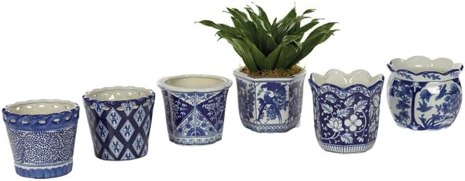Napco Imports Indoor Outdoor Plant Succulent Herb Flower Pot 5 Inch Porcelain Blue Oriental Assorted Set of 6