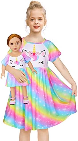 MHJY Girls & Doll Matching Nightgowns Unicorn Nightdress Sleepwear Pajamas for Girls and 18" Dolls,6-7 Years,Rainbow