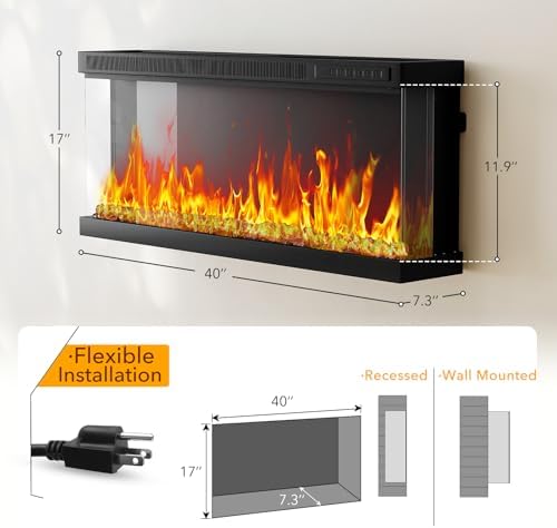 40 inch Upgraded Electric Fireplace-Ultra Narrow Bezel and Simulated Flame Fireplace, Ultra Large Flame Display, 750W/1500W, Remote Control, Recessed/Freestanding/Wall Mounted for Living Room, Bedroom - Thumbnail 2