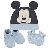 Disney Baby Mickey Mouse 3-Piece Cap, Booties, & Mittens Set, Blue, 0-6 Months
