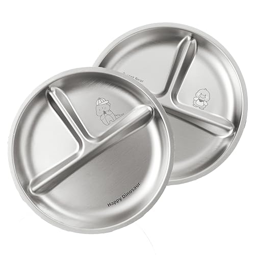 Image of Basil Stainless Steel Plate for Kids - Kids Plates for Food with 3 Compartments - Dinner Plates for Baby - Unbreakable Dinner Plates - Ideal for Birthday, Return Gifting - Wheel Plate - Pack of 2