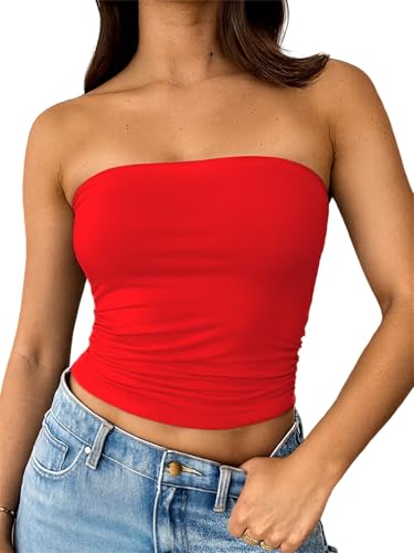 ForeFair Women Strapless Tube Tops Double Lined Ruched Backless Bandeau Going Out Top Basic Tank Tops(XS Red)