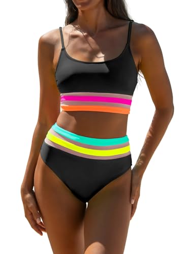 popvil High Waisted Bikini Sets Women Bathing Suit Tummy Control Neon Swimsuits Women Two Piece Swimsuit