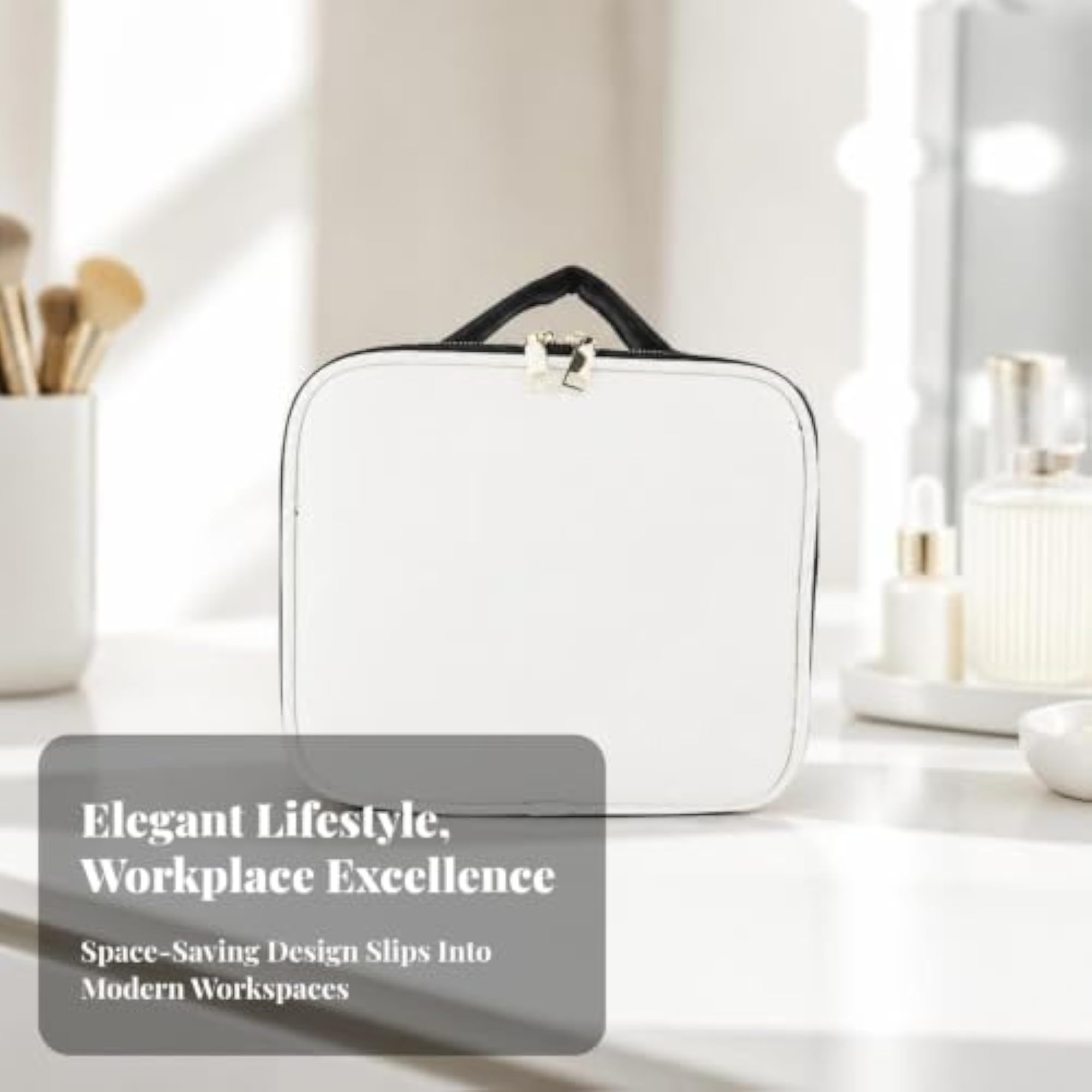 PU Leather Makeup Bag with Handle, Multi-Compartment Organizer