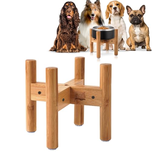 Dog Bowl Stand for Medium Breeds - Raises Bowls to 9-inch High, Ants/Bugs-Off - Adjustable 6.2-8.2 inch Wide, Fits Various Sizes of Dog Food/Water Bowls and Slow Feeders - Bamboo