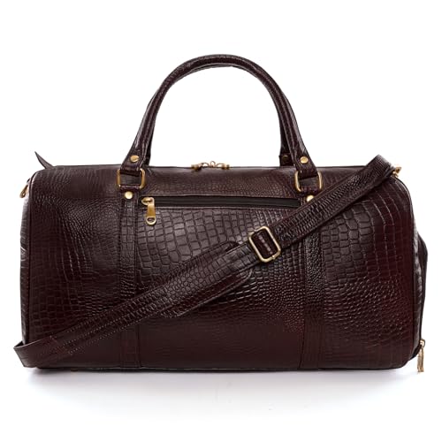 Image of HYATT Leather Accessories Weekender Travel Duffle Bag with Separate Shoe /Laundry Compartment for Men & Women Made of Natural Dry-Milled Leather (C-Brown)