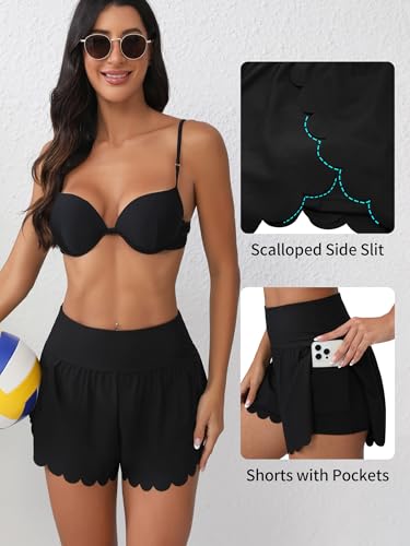 Image of ATTRACO Women Swim Shorts Side Split Swim Trunk 2 in 1 Board Shorts with Pockets Swim Bottom