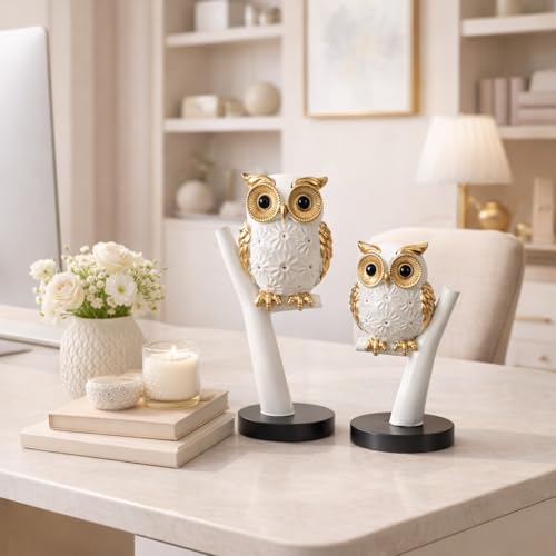 Image of Xtore 2 pc Decorative Owl Handicraft Figurine with Metallic Gold Accents for Home & Office Decor - Pack of 2