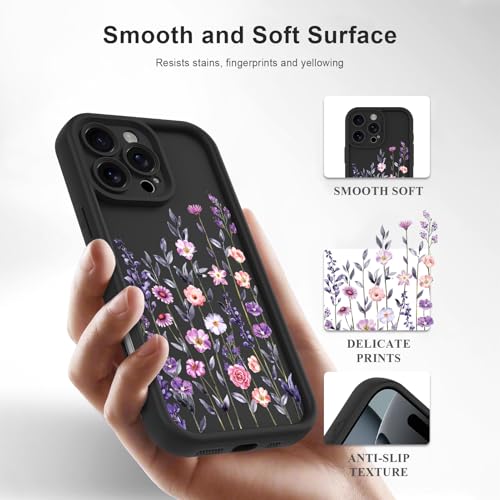 Image of Designed for iPhone 16 Pro Case, Cute Flower Floral Pattern Design, Thickened Soft TPU Liquid Silicone Protective Cover for Women Girls - Black