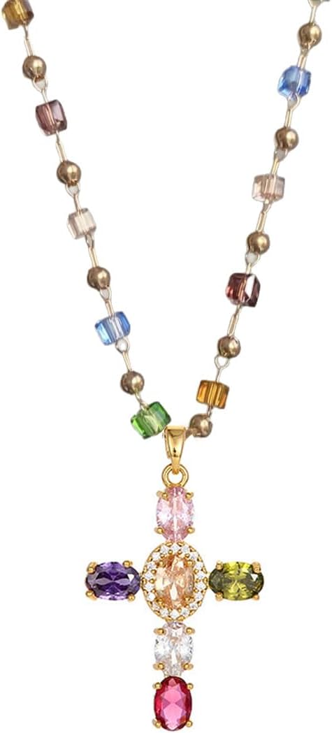 Colorful Cross Necklace for Women Rainbow Cross Pendant Necklace Trendy Colorful Chain Cross Necklace Gothic Catholic Christian Costume Accessories Jewelry