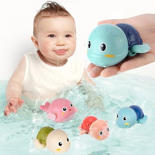 FAYOGOO Bath Toys 4 Pack Baby Swimming Wind Up Turtle Fish for Toddlers 6 12 18 Months Infant Tub Toys Game 1-3 Kids Boy Pool Bathtub with Storage Bain Bebe Jouet