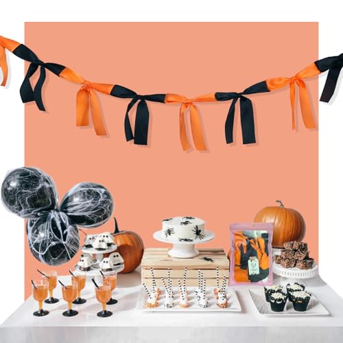 Image of Halloween Stain Bow Garland | 6ft Linking Knot Bow Banner with 3ft Extend Ribbon for Halloween Party Vibes Wreath & Spooky Boo Decor (Orange & Black, 6ft)