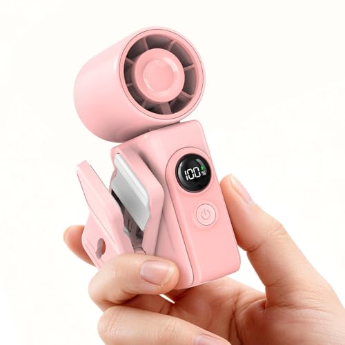 Portable Clip-On Mini Fan Hands-Free Turbo Personal Handheld Fans Rechargeable w/ 4 Wind & LED Display Pocket Size Summer Cooling Essentials for Travel/Eye Lash/Beach/Concert Gifts for Women(Pink)