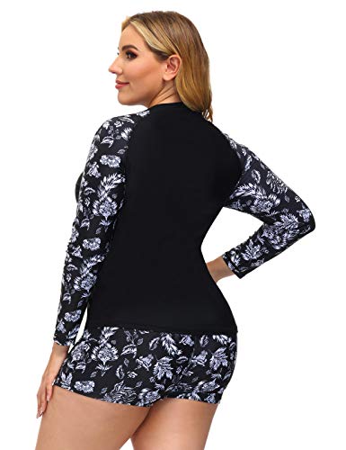 Women's Uv Sun Protection Long Sleeve Rash Guard Swimsuit Top With Bottom Black 22W #TOP4