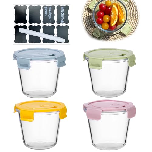 Recipiente de Cristal con Tapa, 4 Recipientes para Sopa, Recipientes de Vidrio de 720 ml para Almacenamiento de Alimentos, recipientes Redondos de Vidrio para Alimentos Set, Lavavajillas, Microondas